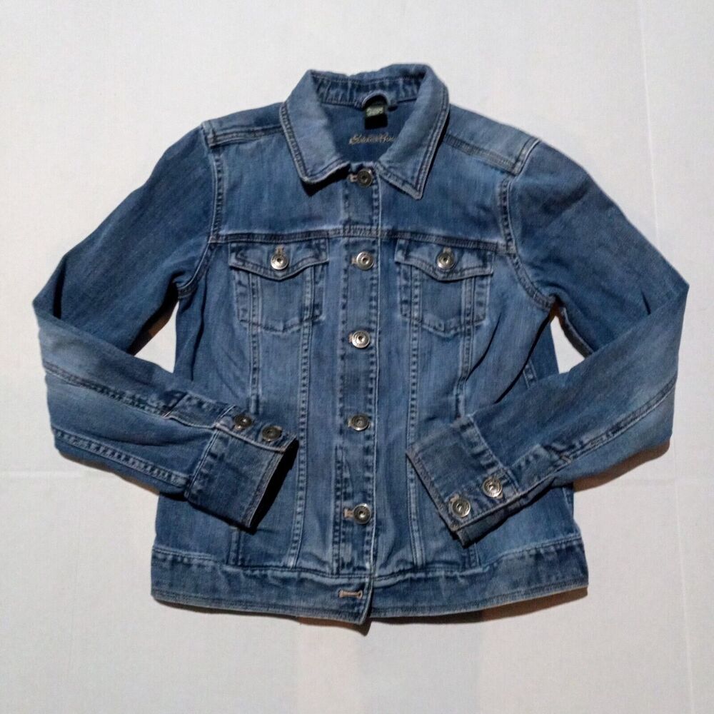 Eddie Bauer Denim Trucker Jacket-Small-Unlined-Pockets-Adjustable Waist-Classic